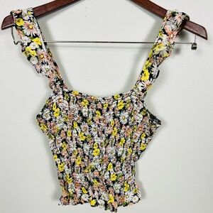 Lush Smocked Floral Crop Top – S | Vibrant White, Yellow & Pink Flowers